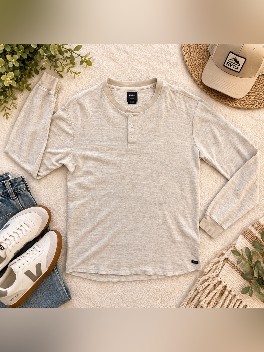 RVCA Men’s Long Sleeve Henley 100% Cotton Natural Beige Size L